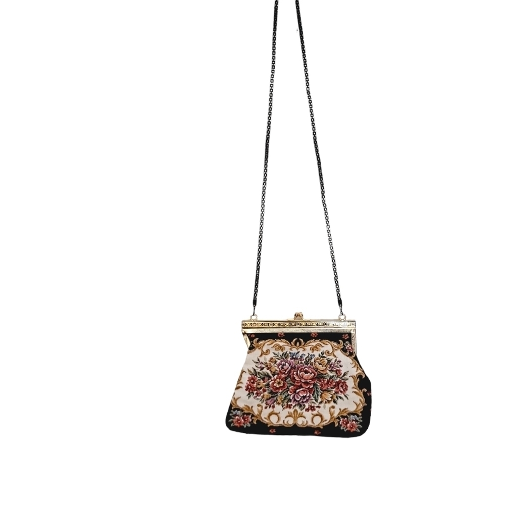Vintage La Regale Tapestry Black Floral Purse with Silk Lining and Metal Chain